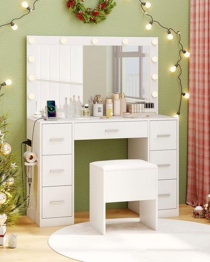Vanity Desk with Large Mirror and Lights for Bedroom