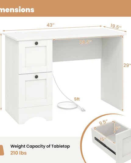 Giantex White Desk with 2 Drawers, 43” Wooden Home Office Desk with Charging Station