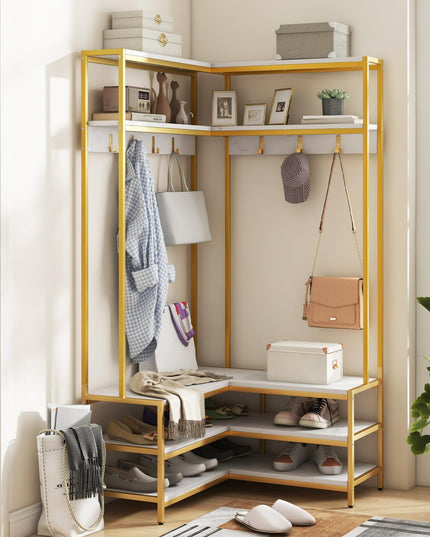 Giantex Corner Coat Rack with Shoe Bench, L-shaped Garment Rack with 5 Shelves & 7 Hooks