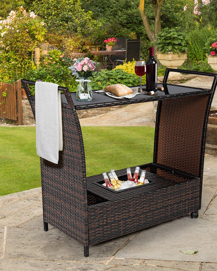 Giantex Rolling Wicker Cart Rattan Bar Cart Outdoor Serving Cart Wicker Trolley Portable Kitchen Trolley Cart W/Shelves and Big Drawer