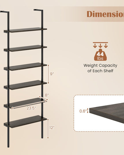Giantex 6-Tier Ladder Shelf, 72" Wall Mounted Bookshelf with Metal Frame, Industrial Open Storage Shelves