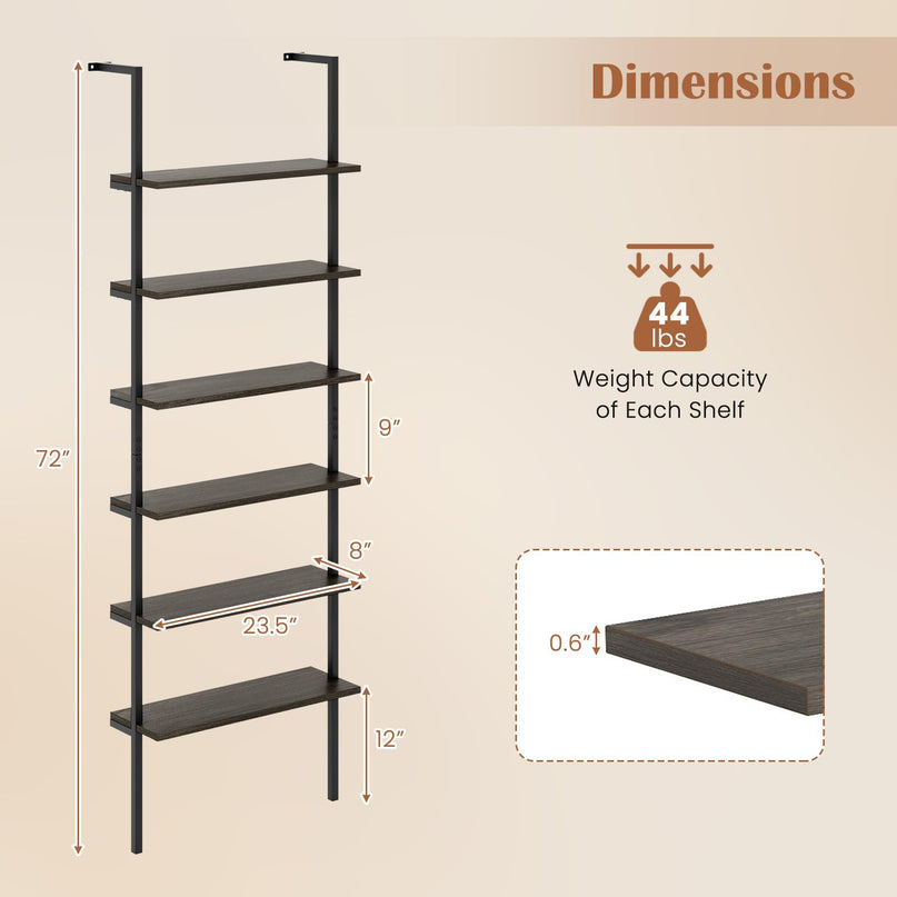 Giantex 6-Tier Ladder Shelf, 72" Wall Mounted Bookshelf with Metal Frame, Industrial Open Storage Shelves