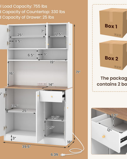 Giantex Kitchen Pantry Cabinet, 71” Tall Buffet Cabinet with Hutch, Built-in Power Outlet