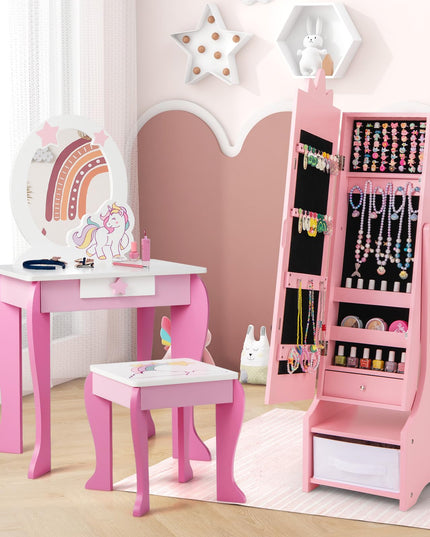 CHARMAID Kids Mirror Jewelry Cabinet - 45.5" Standing Jewelry Armoire with Full Length Mirror