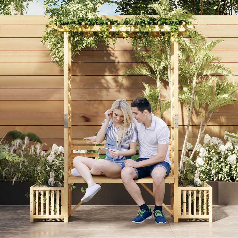Giantex Outdoor Bench with Garden Arbor & 2 Planter Boxes