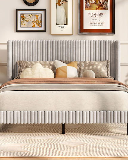 Giantex Queen Velvet Bed Frame with Vertical Tufted Wingback Headboard