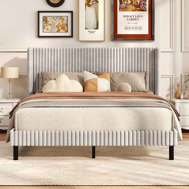 Giantex Queen Velvet Bed Frame with Vertical Tufted Wingback Headboard
