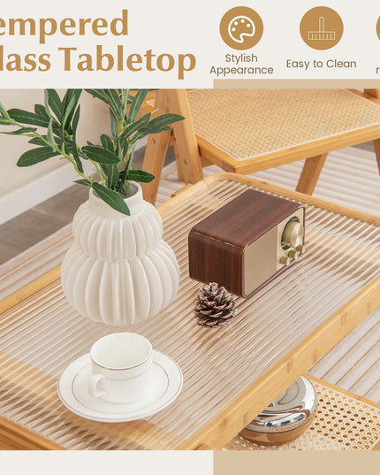 Giantex Rattan Side Table, Boho End Table with Glass Top and 2-Tier Storage Shelves