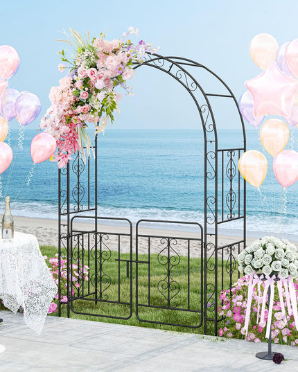 Giantex Garden Arbor with Gate, 84" H x 54" W Metal Arch Trellis for Climbing Plants Rose Vines