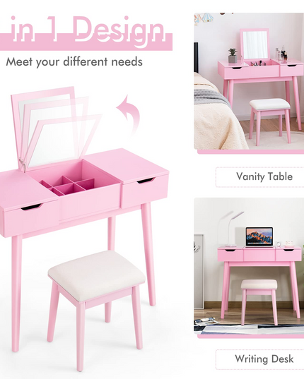 CHARMAID Vanity Set with Flip Top Mirror, 2 Drawers and 9 Storage Compartments