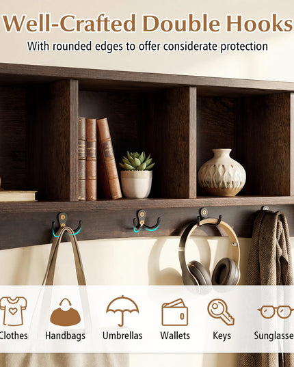 Giantex Wall Mounted Coat Rack 28.5'' Wooden Floating Shelf with 4 Cubbies & 5 Double Hooks