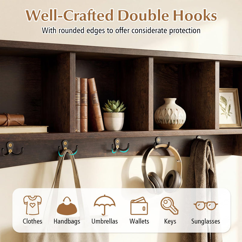 Giantex Wall Mounted Coat Rack 28.5'' Wooden Floating Shelf with 4 Cubbies & 5 Double Hooks