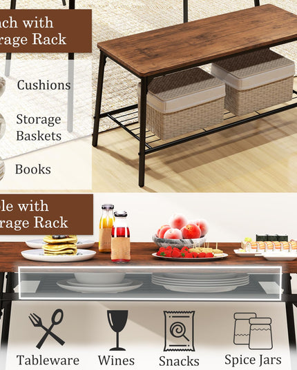 Giantex Dining Table Set for 4, Kitchen Table with Bench & 2 Chairs, Storage & Metal Frame