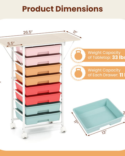 Giantex 8 Drawers Rolling Cart with Wheels Folding Wood Top