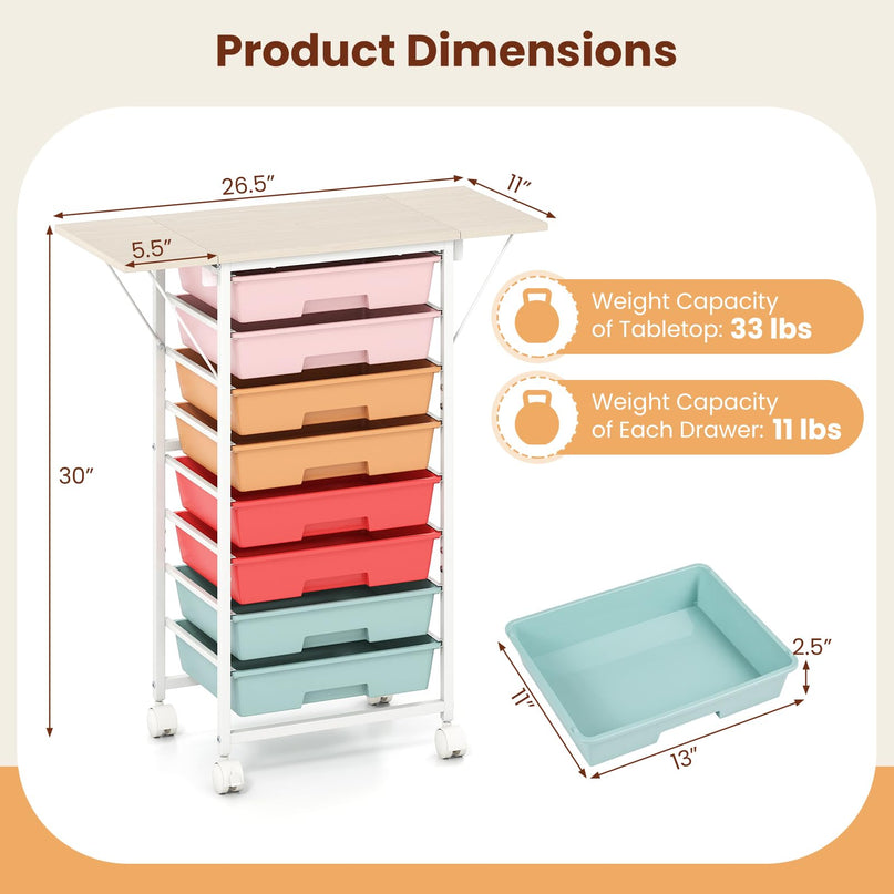 Giantex 8 Drawers Rolling Cart with Wheels Folding Wood Top