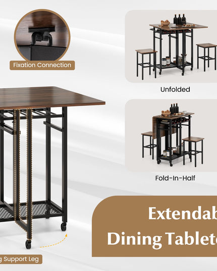 Giantex 3-Piece Foldable Dining Table Set, Extendable Dining Table & 2 Stools Set w/ 6-Bottle Wine Rack