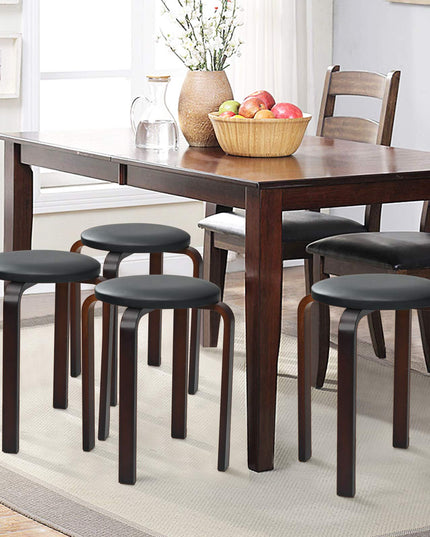 4-Pack Bentwood Stack Stools, 18.5-Inch Portable Stools with PU Leather Round Top, Non-Slip Foot Mats