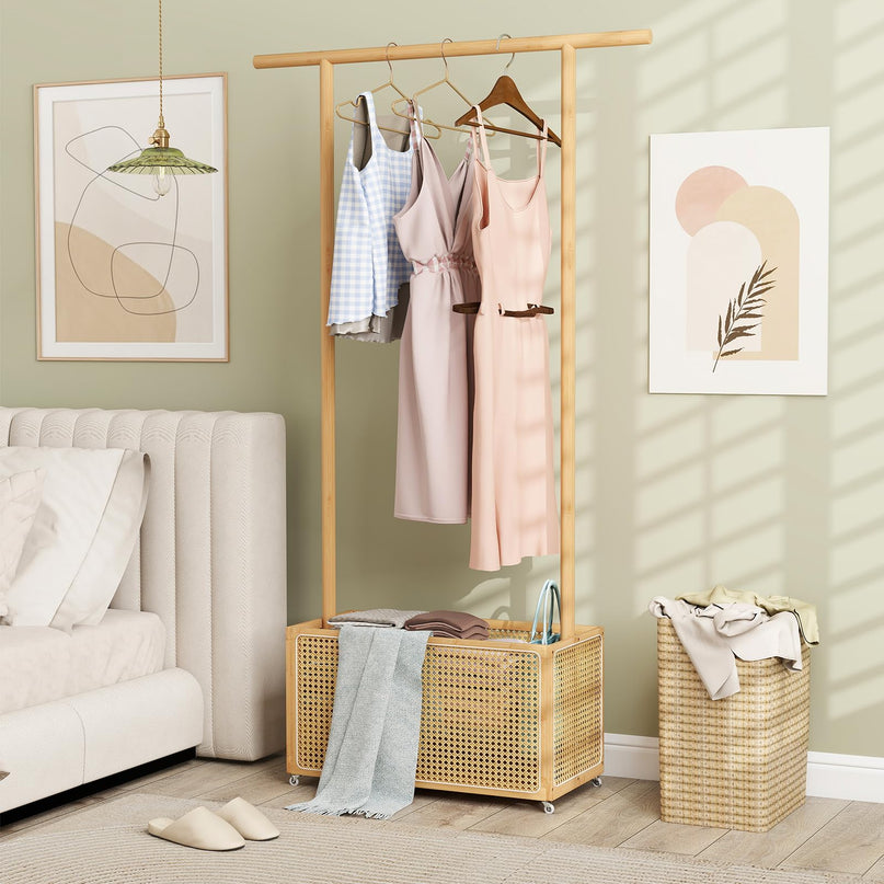 Giantex Bamboo Rolling Garment Rack with Rattan Storage Basket for Hallway Living Room Bedroom