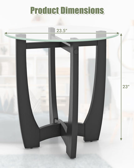 Giantex Glass End Table, Round Side Table with Rubber Wood Frame & Tempered Glass Top, 23.5" Small Black Coffee Table