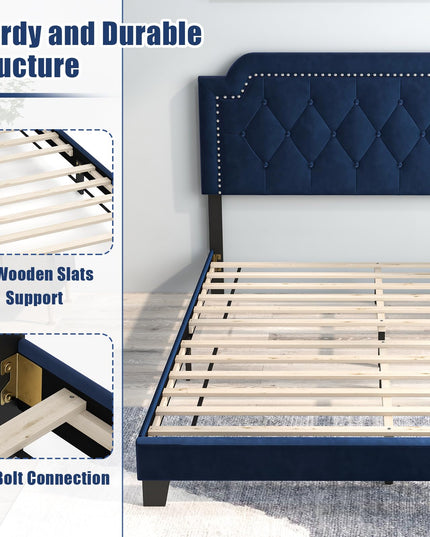 Giantex Velvet Queen Size Bed Frame, Upholstered Platform Bed with Button Tufted & Nailhead Trim Headboard