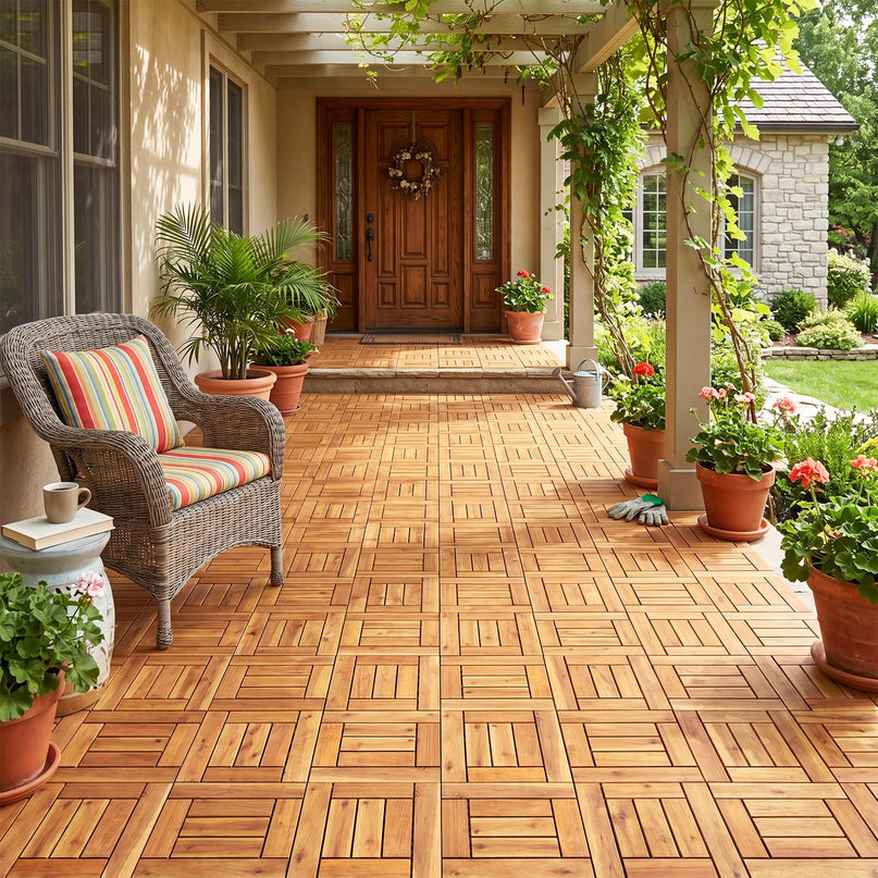 Giantex 12" x 12" Acacia Wood Interlocking Patio Flooring Tiles with Drainage Base