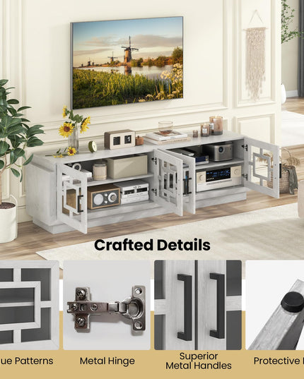 Giantex Farmhouse TV Stand for TVs up to 75”, 4-Door Glass Entertainment Center with 2 Cabinets