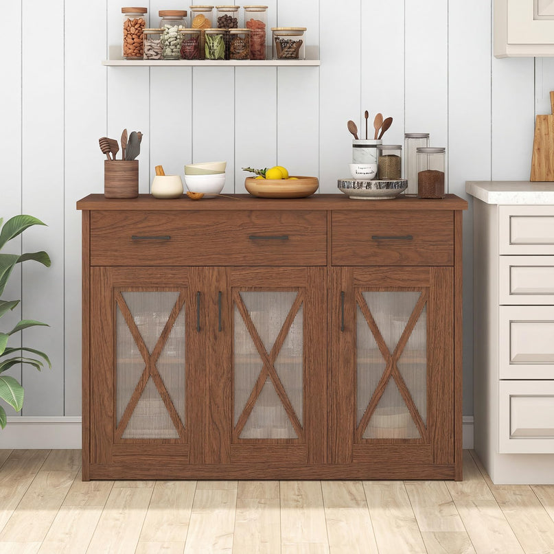 Giantex 47'' Farmhouse Buffet Cabinet w/Fluted Glass Doors