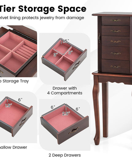 CHARMAID Standing Jewelry Organizer Cabinet with 4 Drawers, Top Storage Tray with Ring Slots, 2 Side Doors