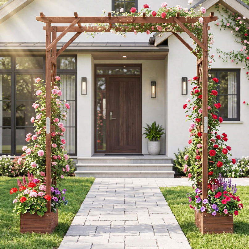 Giantex 87in Tall Wooden Garden Arbor with Planter Boxes & Hanging Roof