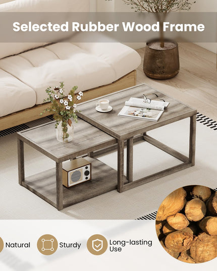 Giantex Stackable Nesting Coffee Table Set of 2 with Storage Shelf & Rubber Wood Frame