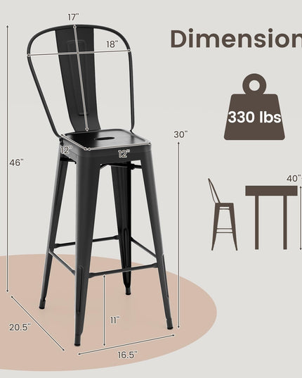 Giantex Metal Bar Stools Set of 4, 30" High Back Bar Height Chairs w/Footrest & Removable Backrest