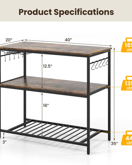 Giantex Kitchen Baker Rack with 3 Tier Storage Shelves, 10 Hooks, Glass Holder, 40" Stationary Island with Spacious Worktop