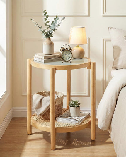 Giantex Rattan Round Side Table | 2-Tier Boho End Table w/Tempered Glass Top (1/2)