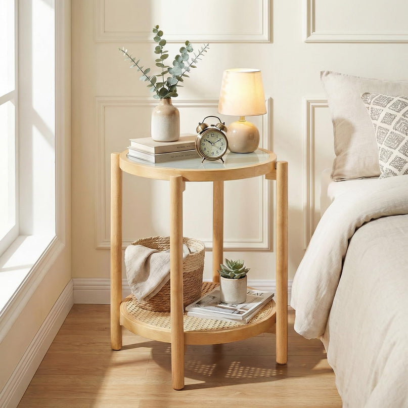 Giantex Rattan Round Side Table | 2-Tier Boho End Table w/Tempered Glass Top (1/2)