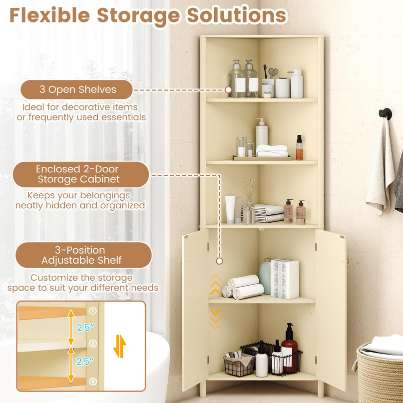 Meuble d'angle Giantex de 173 cm de haut avec 5 étagères et 2 portes cannelées pour salle de bain