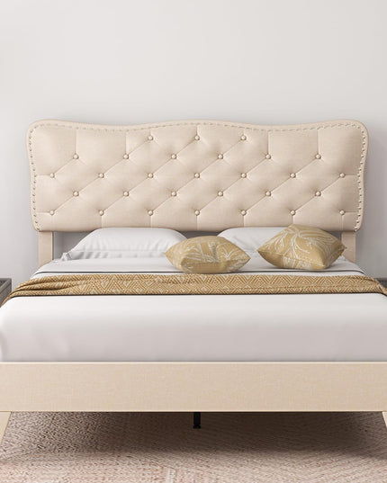 Giantex Full Size Bed Frame Beige, Linen Fabric Upholstered Platform Bed Frame with Nail Headboard