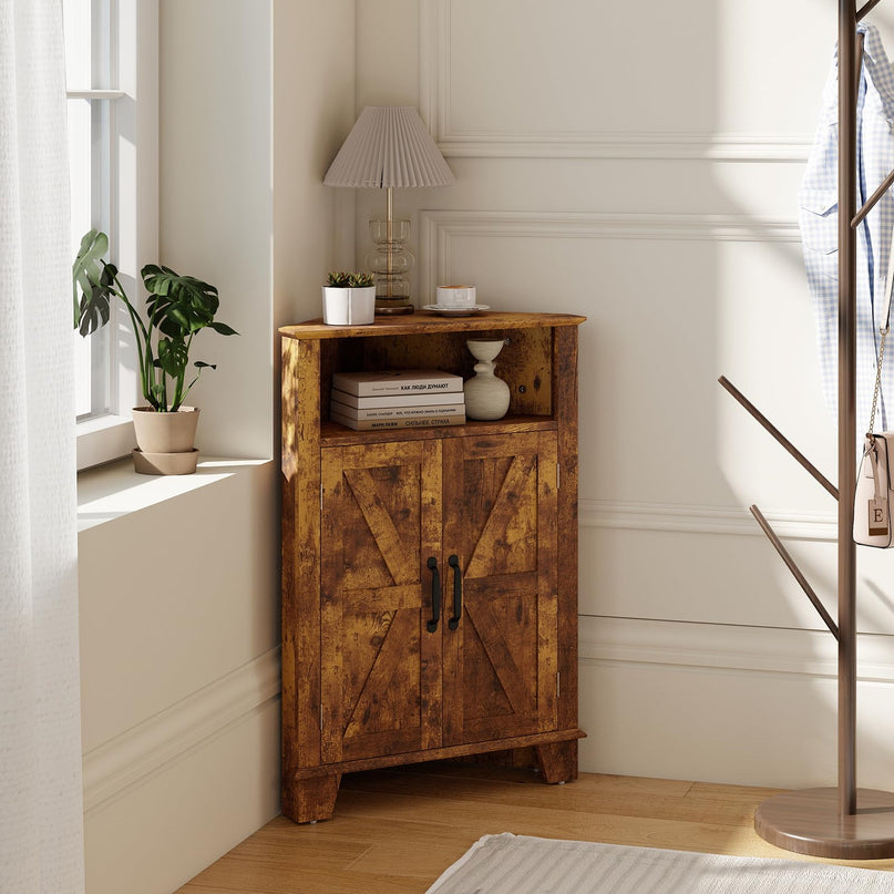 Giantex Farmhouse Bathroom Floor Corner Storage Cabinet with Open Storage