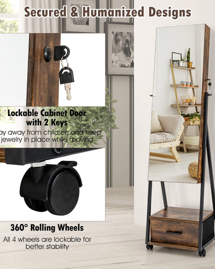 CHARMAID Rolling Jewelry Cabinet with Full Length Mirror, Lockable Standing Jewelry Armoire with Wheels