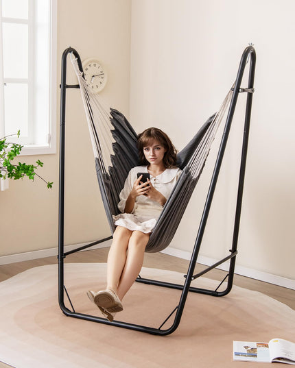 Giantex Hammock Chair with Stand - Swing Chair with Heavy Duty Metal Frame, Storage Side Pocket, Grey