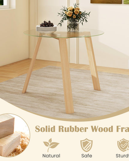 Giantex Round Glass Dining Table for 4 - Small Coffee Table with Rubber Wood Frame