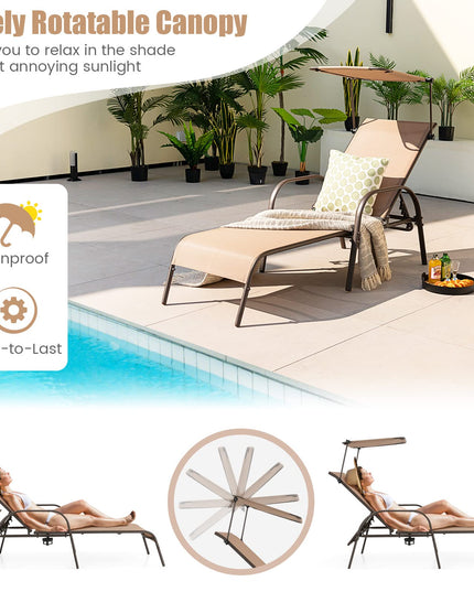 Giantex Patio Chaise Lounge Chair - Outdoor Beach Chair with Adjustable Canopy, Metal Frame Sunbathing Lounger for Outside