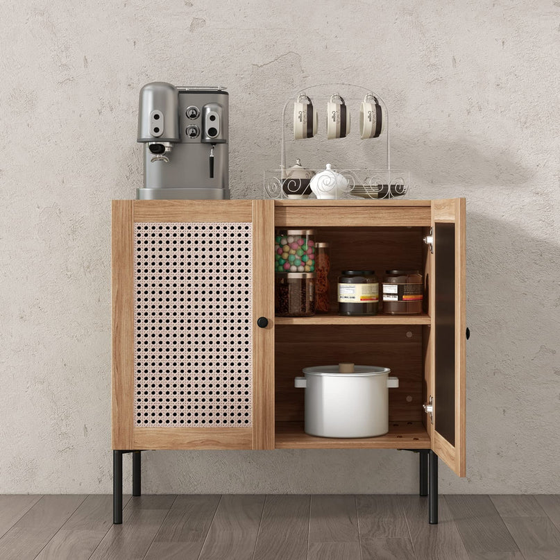Giantex Buffet Cabinet, Wood Sideboard Storage Cabinet with Rattan Door, 3-Position Adjustable Shelf