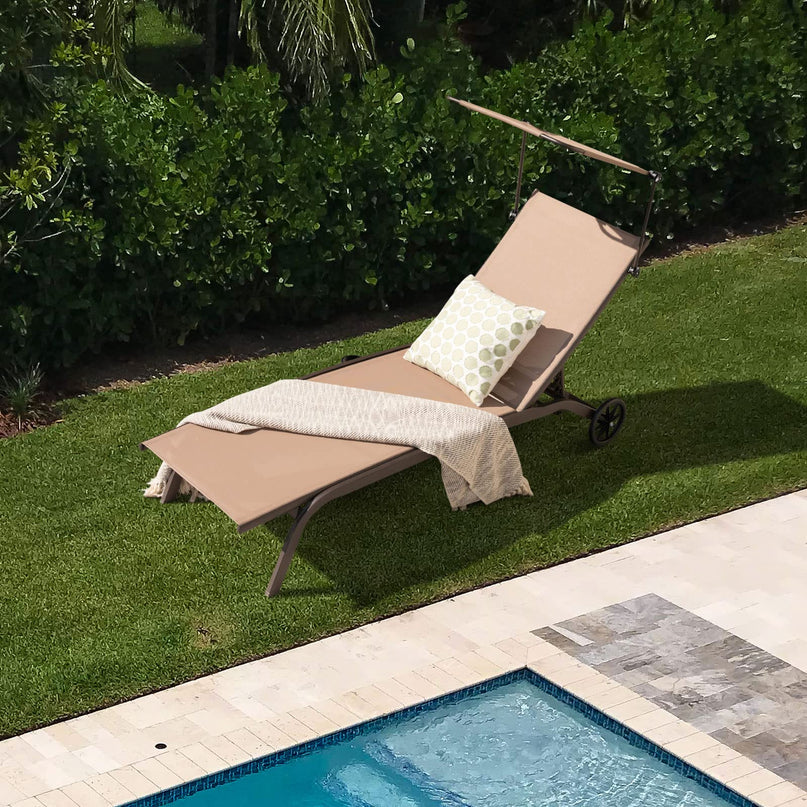 Giantex Outdoor Chaise Lounge Chair, Tanning Chair with Sunshade and Smooth Wheels, 6-Level Adjustable Position