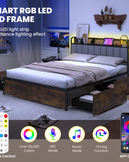 Giantex LED Bed Frame with Charging Station, Metal Platform Bed with Upholstered Headboard & 4 Storage Drawers