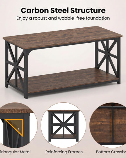 Giantex Farmhouse Coffee Table | 43" Center Table with Storage & X-Shaped Frames