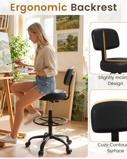 GIANTEX Drafting Chair with Back Adjustable Foot Rolling Stool with Wheels(1/2)