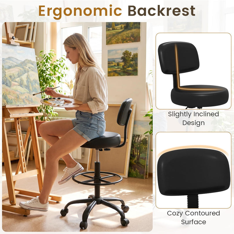 GIANTEX Drafting Chair with Back Adjustable Foot Rolling Stool with Wheels(1/2)