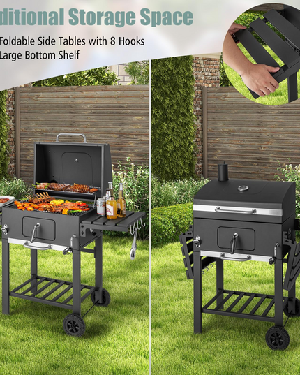 Giantex 24-Inch Charcoal Grill - 2 Foldable Side Tables, Bottom Storage Shelf, 8 Hooks, Adjustable Charcoal Tray
