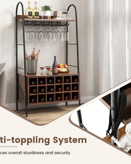 Giantex 18-Bottle Wine Rack Freestanding Floor, Kitchen Baker’s Rack w/ 15 Glasses Holder, Rustic Brown