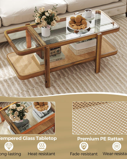 Giantex Rattan Coffee Table, 47.5" Rectangle Solid Wood Tea Table w/Tempered Glass Tabletop